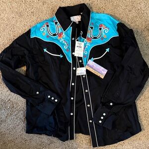 Black Western Shirt with Turquoise Embroidery